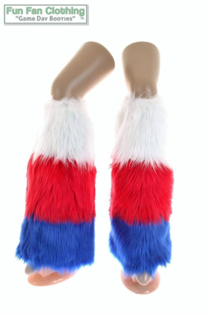 White, Red & Royal Blue Faux Fur Leg Warmers Tricolor - Game Day Booties-Game Day Booties (Leg Warmers)-Fun Fan Clothing Inc. 