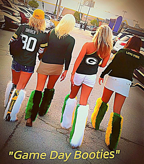 Green and yellow fur leg warmers