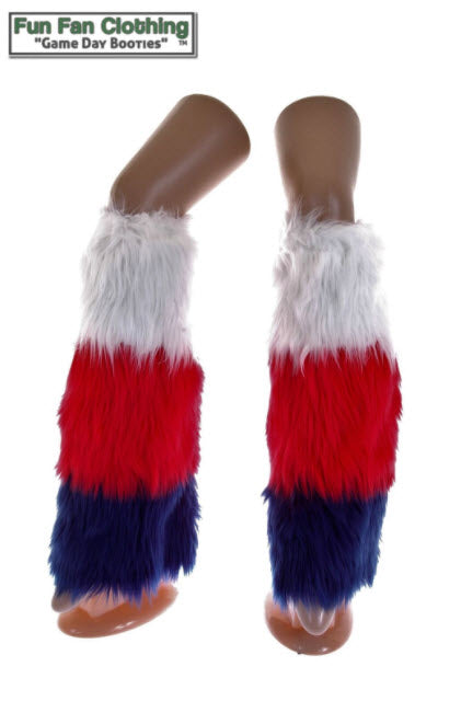 White, Red & Navy Faux Fur Leg Warmers Tricolor - Game Day Booties-Game Day Booties (Leg Warmers)-Fun Fan Clothing Inc. 