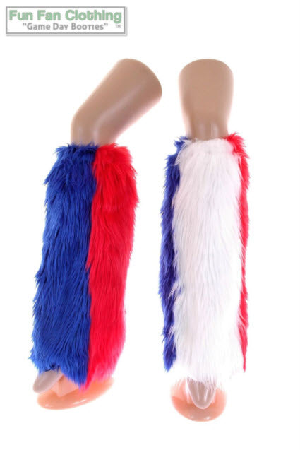 Red, Royal Blue & White Faux Fur Leg Warmers Tricolor - Game Day Booties - Red & Blue Leg Warmers-Game Day Booties (Leg Warmers)-Fun Fan Clothing Inc. 